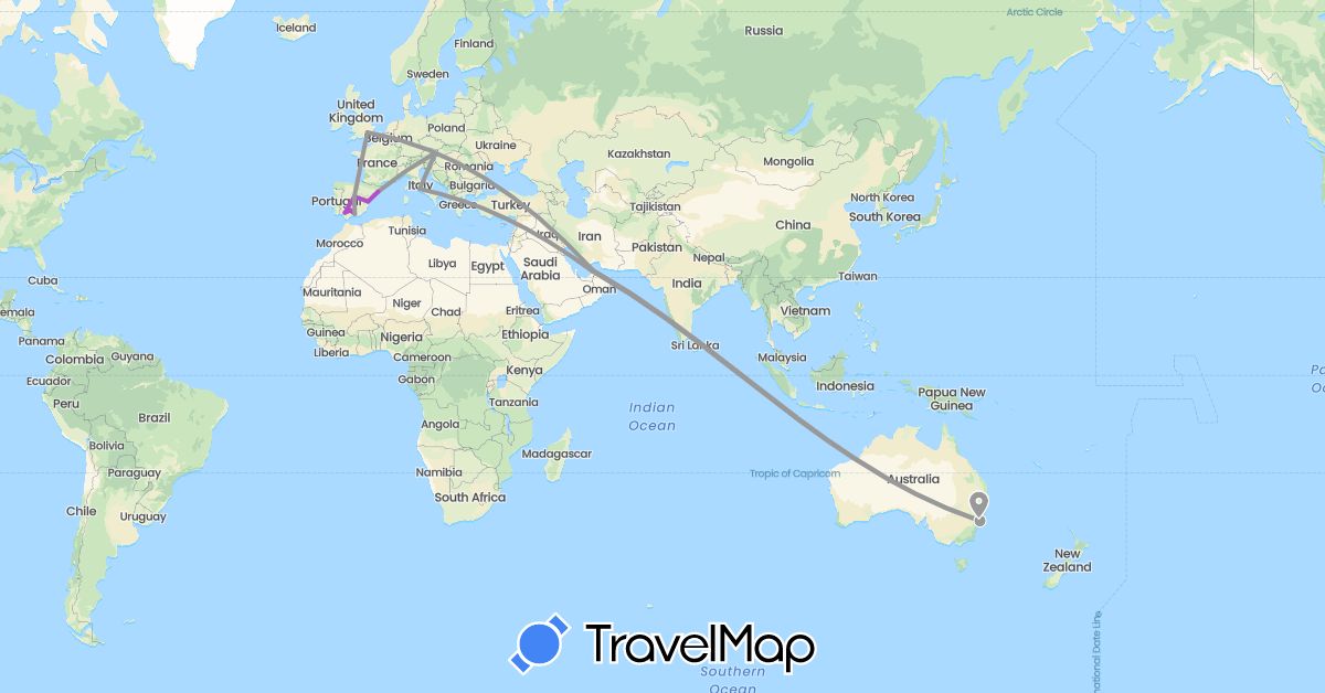 TravelMap itinerary: driving, plane, train in United Arab Emirates, Austria, Australia, Spain, United Kingdom, Italy (Asia, Europe, Oceania)